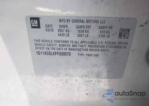 2015 Chevrolet Malibu 1Fl из США, поврежденный, VIN 1G11A5SLXFF290879